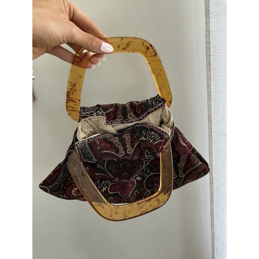 Vintage Handmade Paisley Print Bag With Resin Handles Cloth Handbag Purse - Picture 2 of 5